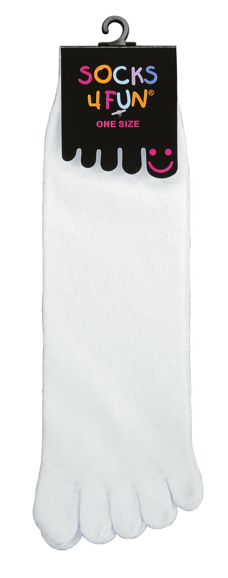 bílý pár prstových ponožek s černým štítkem nahoře s nápisem socks 4 fun barevnými písmeny. Štítek také říká one size a má růžový usměvavý obličej.