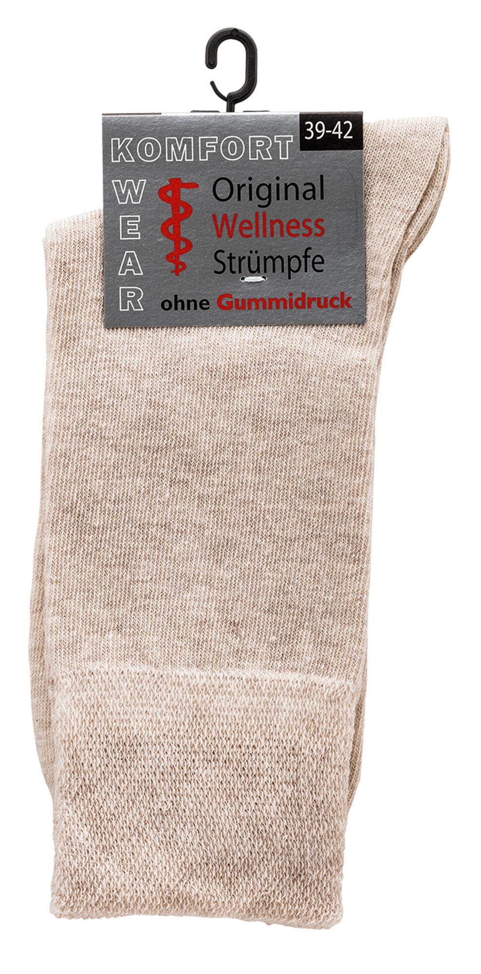 pár béžových ponožek se štítkem s nápisem komfort wear original wellness strümpfe ohne gummidruck, velikost 39 42, s červeným lékařským symbolem.